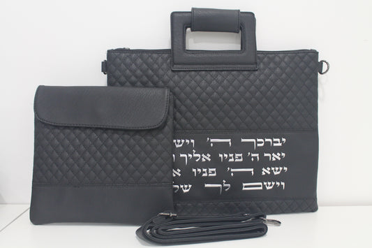 כיוסי טלית ותפילין עם ידית ורצועת נשיאה דגם דמוי עור שחור