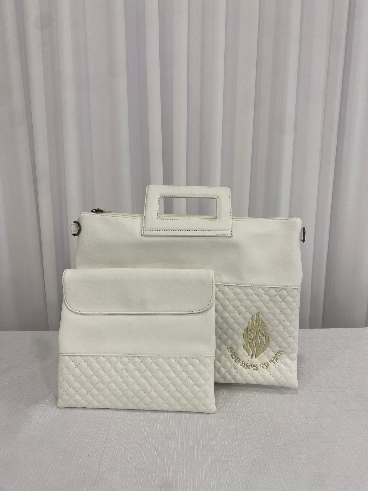 סט כיסוי טלית ותפילין עם רצועה וידית לבן האש שלי זהב