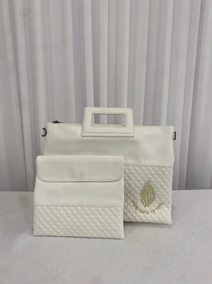 סט כיסוי טלית ותפילין עם רצועה וידית לבן האש שלי זהב