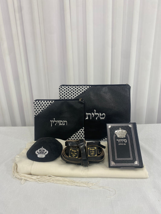 סט חתנים תפילין טלית כיסויים לטלית ותפילין סידור וכיפה